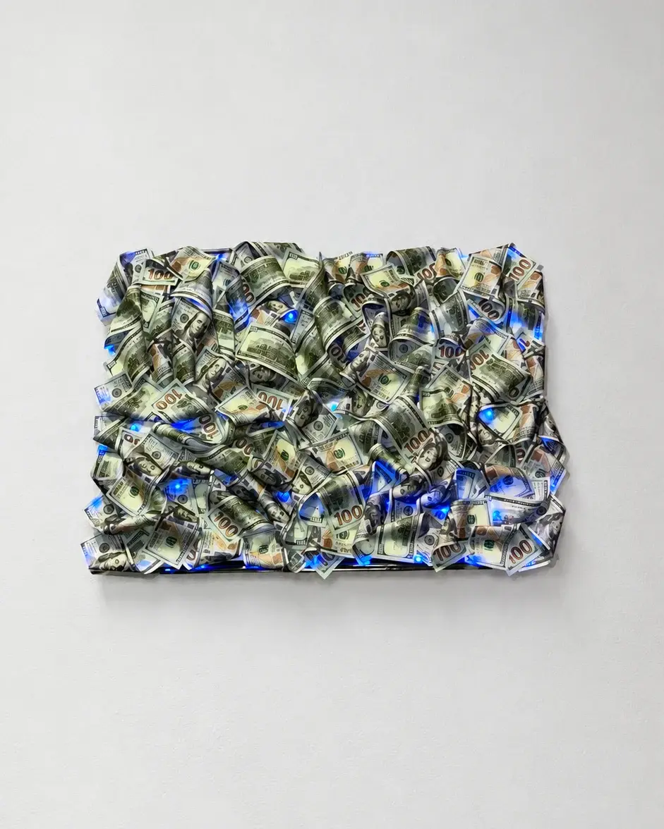 Photo of the 3D painting Cash Wave 50 × 70 cm made of dollar bills on a white wall with blue LED backlight