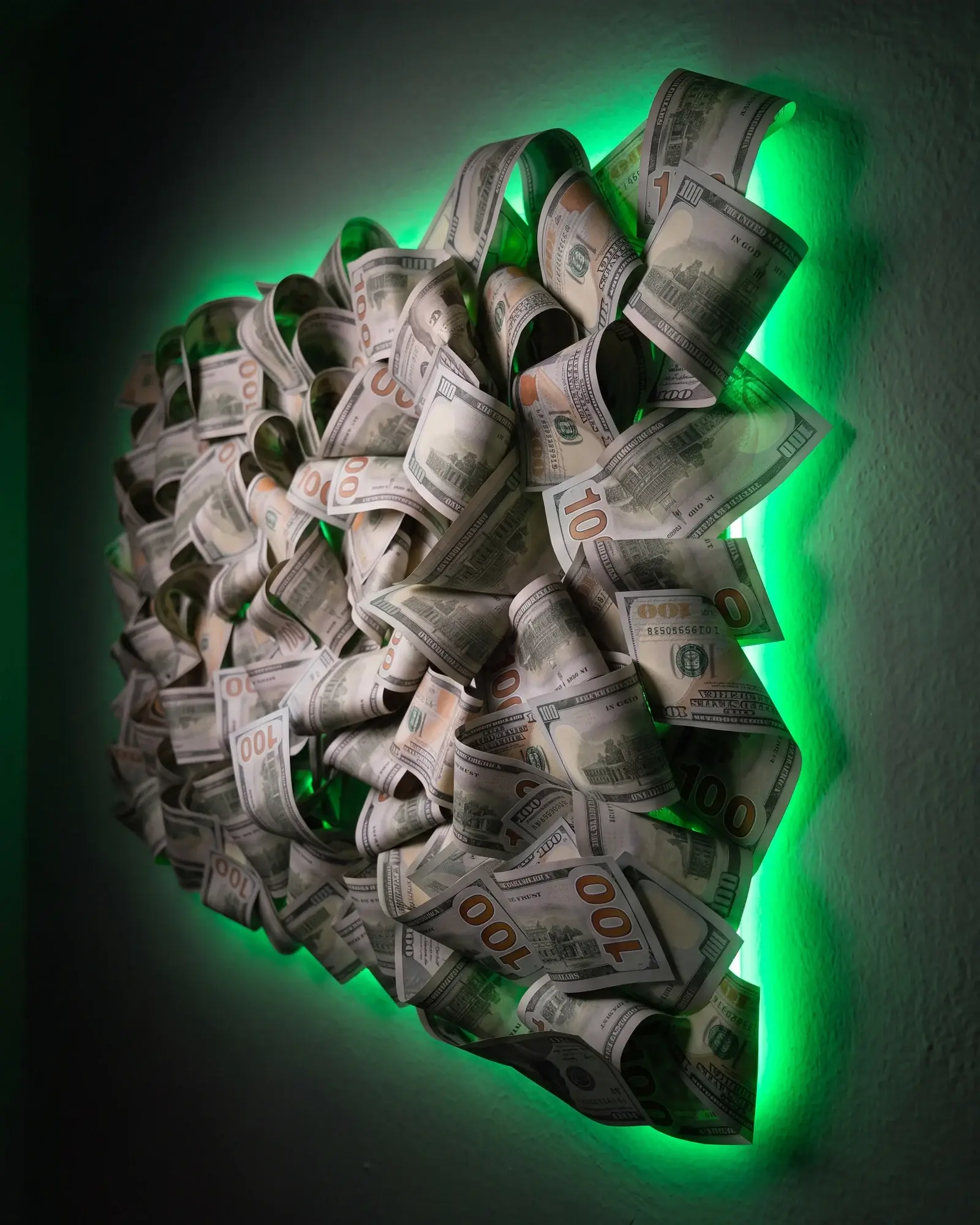 3D obraz Cash Wave z dolarových bankovek z boku, v noci podsvícený zelenou RGB LED