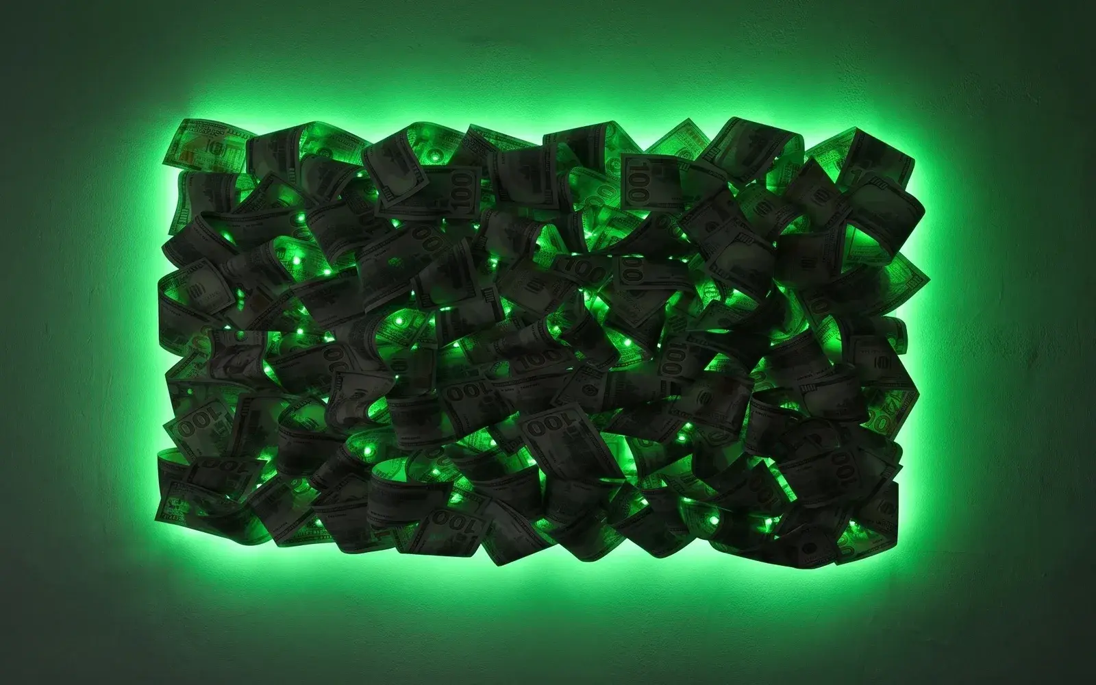 Vizualizace 3D obrazu z dolarových bankovek v noci – podsvícený zelenou RGB LED